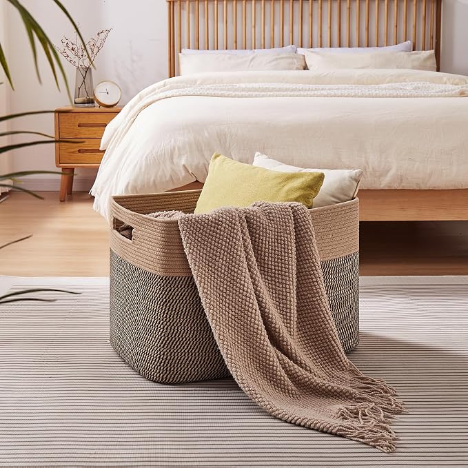 OIAHOMY 108L Extra Large Blanket Basket Dog Toy Basket Yellow | Rectangle Woven Baskets for Storage Cotton Rope Basket For Living Room Toy Storage Blanket Storage Laundry Basket
