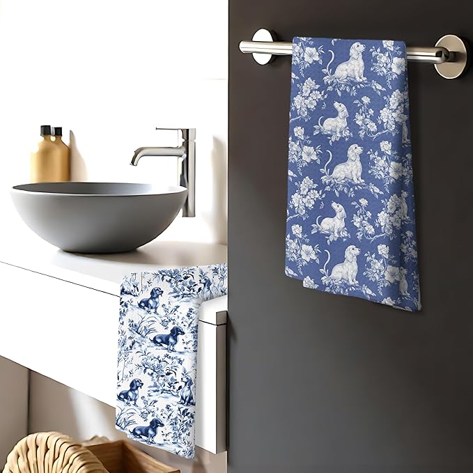 Chinoiserie Dachshund Kitchen Towels Set of 2, Blue and White Floral Botanical Dachshund Decorative Dish Tea Towels, Grandmillennial Weiner Dog Hand Towels for Kitchen Bathroom, 16x24 Inch