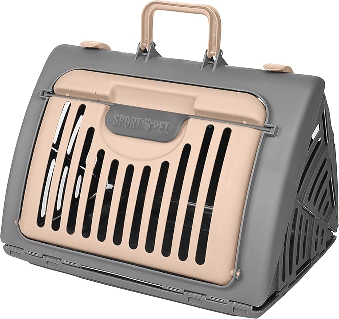 SportPet LARGE Hard-Sided Travel Cat Carrier - Cat Carrier with Patented Wide Side-Opening Door, Foldable Portable Pet Carrier with Removable Bed for Cats & Small Pets up to 25lbs - Gray/Tan