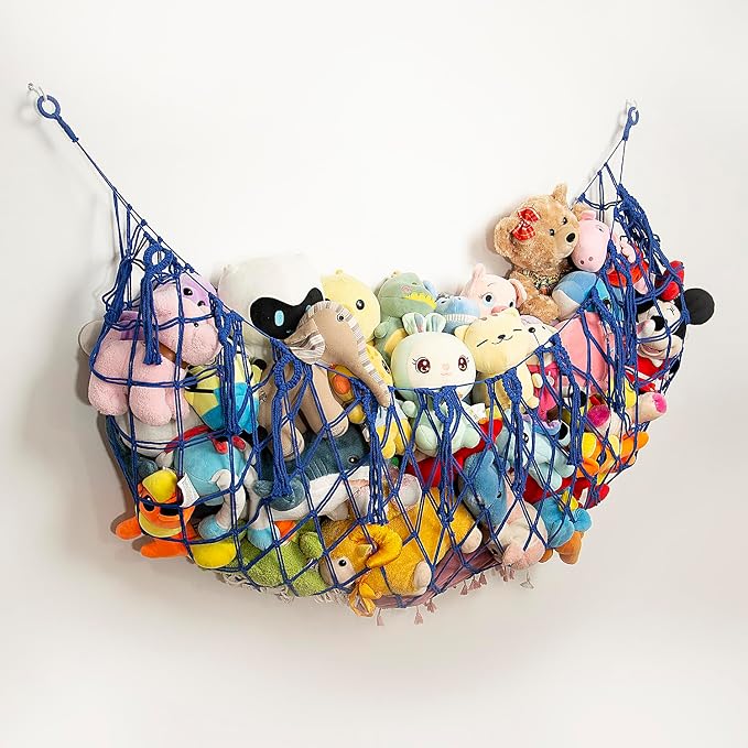 Amdermi Large Stuffed Animal Storage Net or Hammock for Wall Mounted Macrame Stuffed Animal Display For Boho Nursery Baby Boy Playroom Toy Organizers Pet Net-Blue