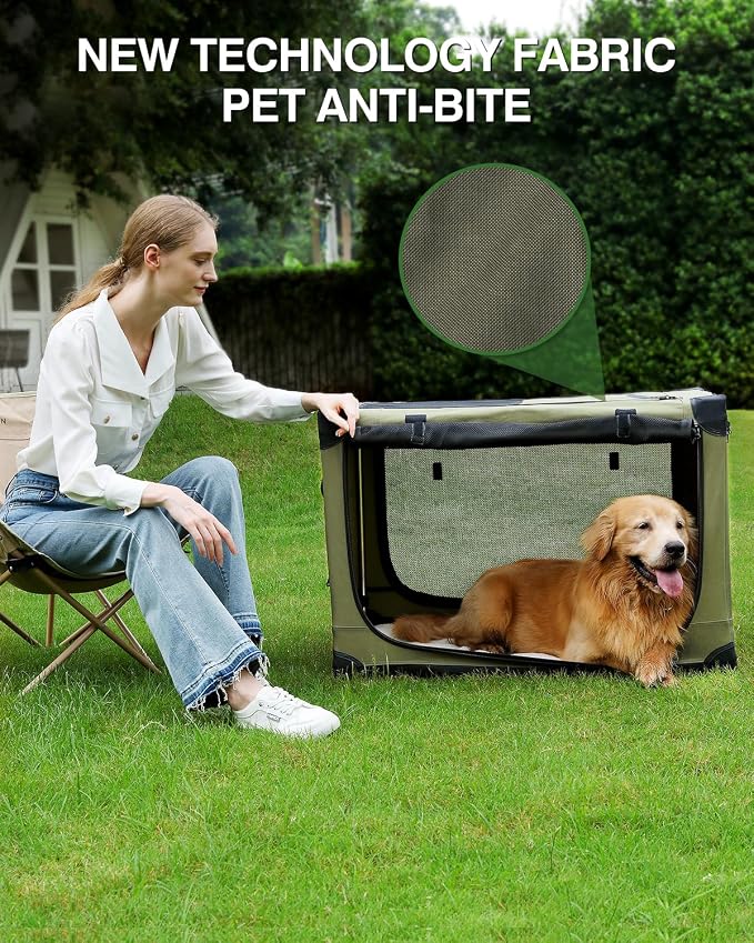 24 x 17 x 17 Inch Collapsible Soft Dog Crate for Dogs Up to 30 lbs, Portable Travel Pet Kennel with 4 Zip Doors, Foldable Indoor Outdoor Crate with Mat, Carry Bag, Green
