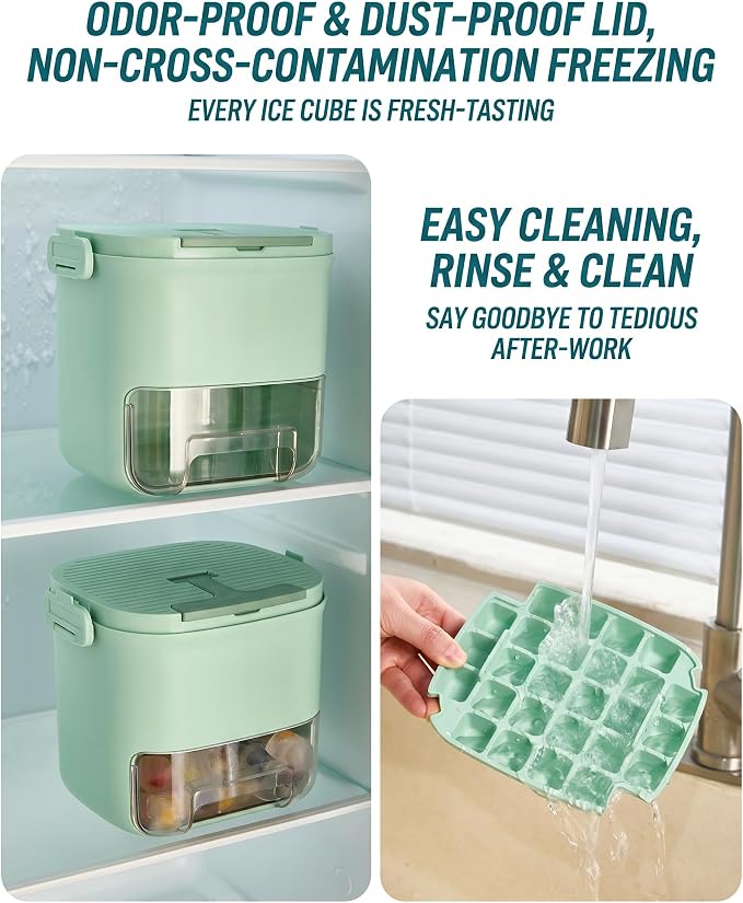Press-Type Ice Cube Tray 52-Grid Mold with Storage Bin, Mint Green | Food-grade PET, odor-free lid, portable handle, includes scoop, easy release, for freezer, home bar, whiskey, cocktails