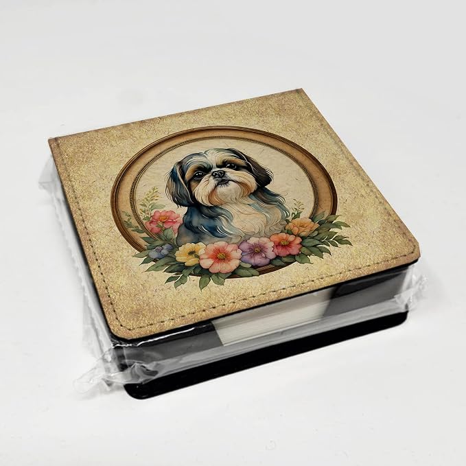 Caroline's Treasures Shih Tzu and Flowers PU Leather Note Paper Holder with Artist-Designed Cover, Desk Accessory, Office Gift