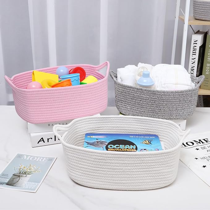 ABenkle Small Storage Basket with Handles, Cotton Rope Woven Dog Cat Toy Bin, Decorative Shelves Closet Organizing for Nursery Laundry Bedroom Bathroom, 14.2''x 11''x 5.1''
