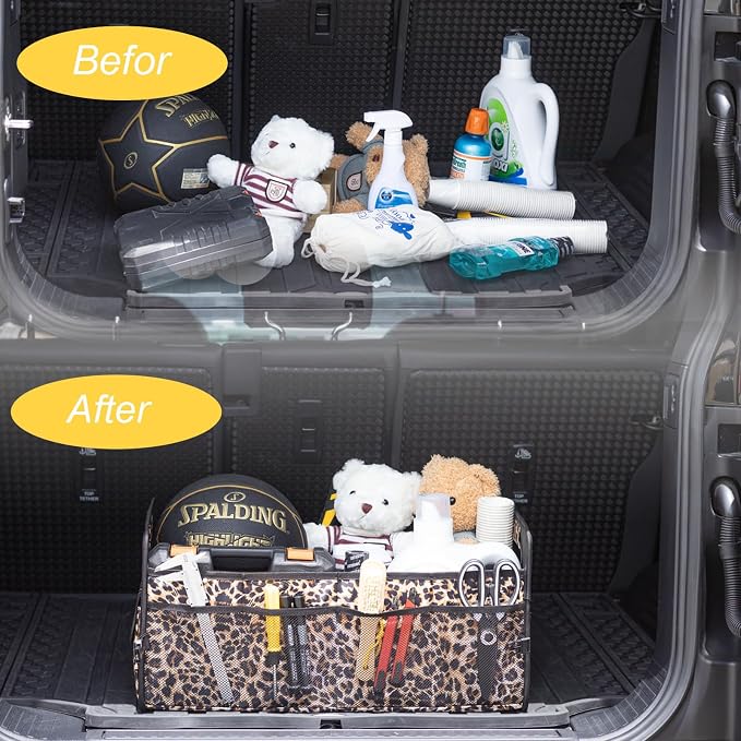 Car Trunk Organizer, Collapsible Car Organizers Storage Large Leopard Print | Sturdy, Strong Capacity, Clean Decor, Multi Compartment Container Box, Adjustable Car Accessories for SUV Sedan Truck