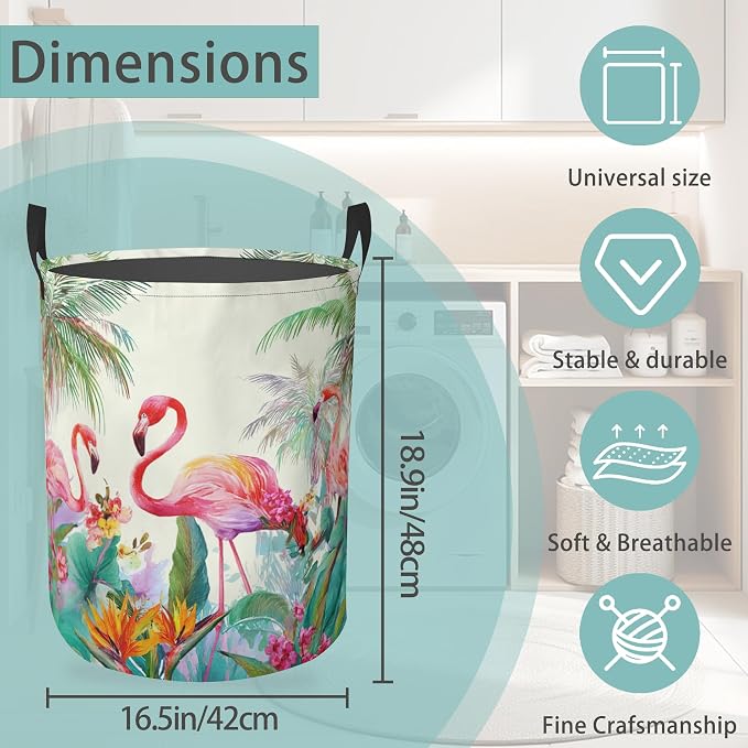 Laundry Basket With Handle, Dirty Clothes Laundry Hamper, Oxford Cloth Bin Storage Organizer for Toy Collection (Palm Tree Flamingo)