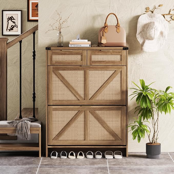 Halitaa Shoe Cabinet with 2 Flip Drawers & 2 Drawers,Farmhouse Shoe Storage Cabinet for Entryway,Slim Freestanding Narrow Organizer Rack for Front Door Entrance,Rustic Oak Rattan