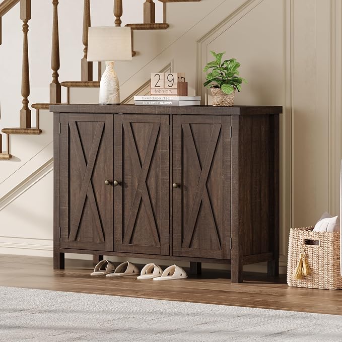Farmhouse Shoe Cabinet with 3 Barn Doors & Wood Legs, 5-Tier Shoe Storage Cabinet with 3 Adjustable Shelves, Tall Shoe Rack Organizer for Closet, Shoe Organizer for Entryway, Hallway, Dark Cherry