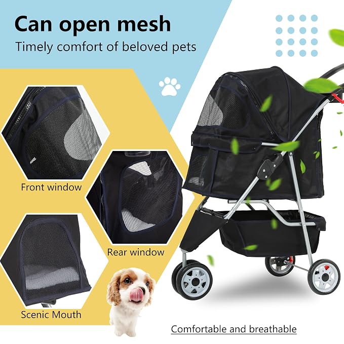 FDW Pet Stroller 3-Wheel Durable Foldable Cat Dog Stroller with Washable Liner Storage Basket Cup Holder,Dark Black