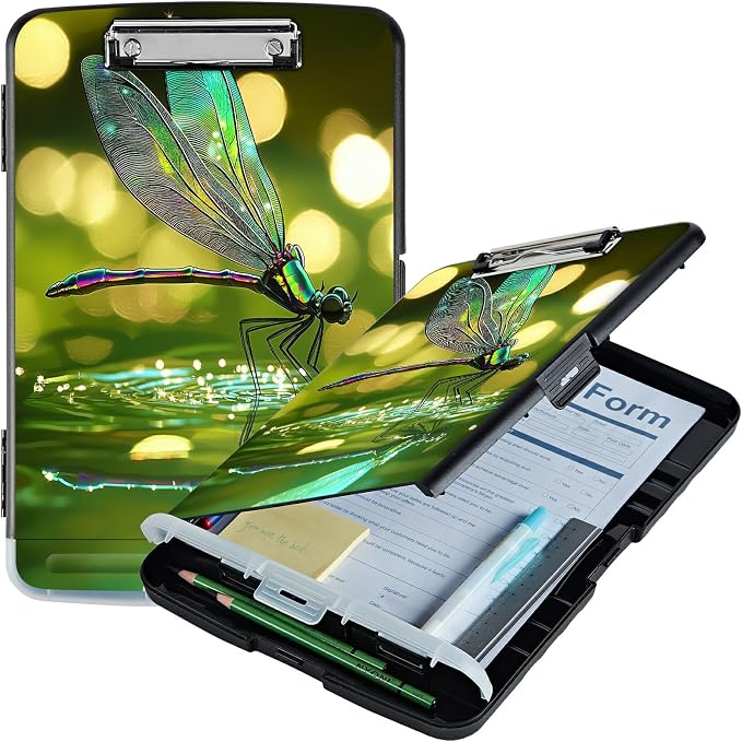 A4 Clipboard with Storage Pen Holder, Clipboards Organizer Nursing Clipboard Foldable File Folder Plastic Clipboard Folio Clip Board for Office Work Classroom Doctor, Green Dragonfly