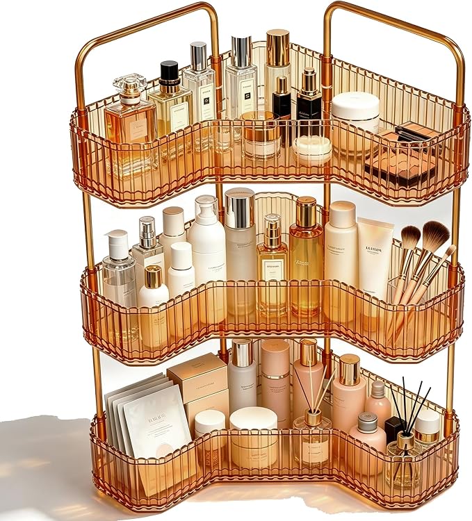 3-Tier Corner Bathroom Organizer, Skincare Vanity Counter Shelf Orange | Premium PET Perfume Display Stand with Gold Metal Rods, Space-Saving 90 Degree Storage Rack for Dresser