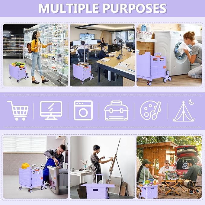 Foldable Utility Cart with Stair Climbing Wheels,Collapsible Rolling Crate with Magnetic Lid Telescopic Cover,Telescoping Handle,360° Rotate Wheel Hand Cart for teacher Shopping Moving Grocery(Purple)