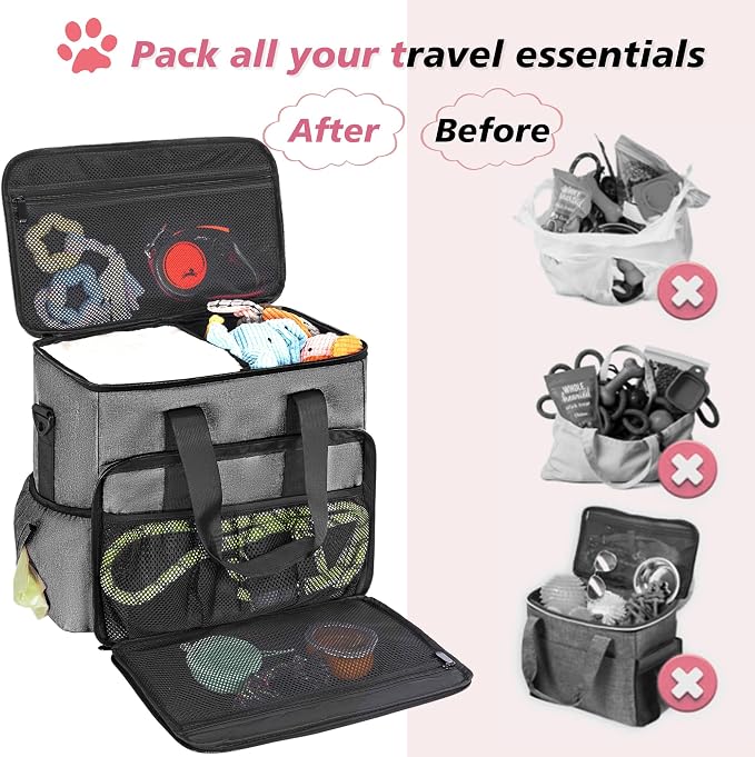 Dog Travel Bag, Large Pet Travel Set with Multi-Function Pockets | 2 Food Storage Containers, 2 Collapsible Bowls, 1 Feeding Mat for Pet Supplies, Road Trip Essentials, Weekend Camping, Grey