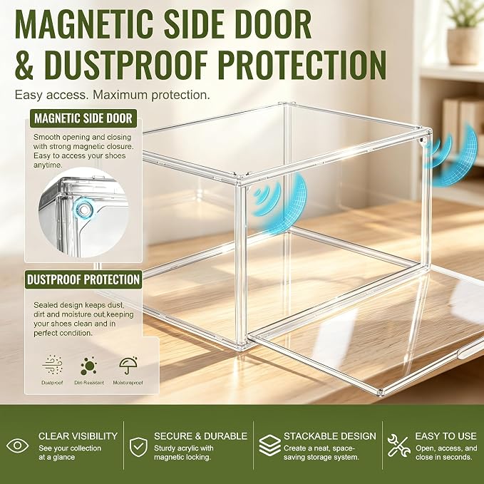 10 Pack Acrylic Shoe Boxes,Stackable Organizer for Everyday Footwear | Fits size 14 sneakers, casual shoes and athletic footwear. Clear acrylic design with magnetic door & dustproof storage.1 Pack