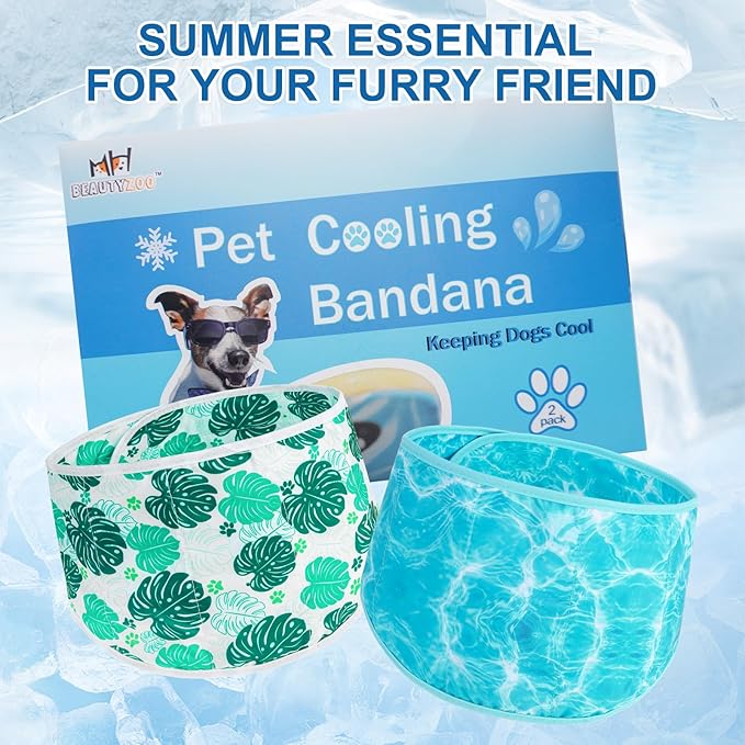 BEAUTYZOO Dog Cooling Bandana for Medium Large Dogs, 2 Pack Instant Cooling Bandanas Breathable Cooling Ice Towel Neck Wraps, Pattern Pet Scarf Keep Dogs Cool in Hot Summer,Leaf M