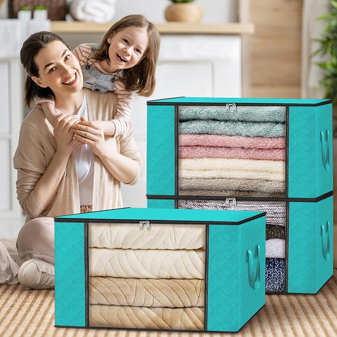 10 Pack Storage Bags for Clothes Blanket Storage Bins with Lids | Foldable Closet Organizers with Zippers,Window and Handles,Fabric Storage Bins for Sweater,Comforter,Bedding,Dorm essentials