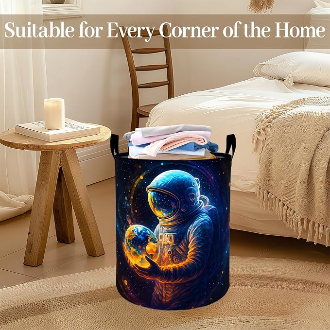 Astronaut Earth Laundry Basket, Galaxy Planet Art Foldable Oxford Cloth, Waterproof Dirty Clothes Hamper with Handles, Clothing Storage Bin Toy Organizer for Bedroom Dorm Bathroom, 19.7"x15.7"