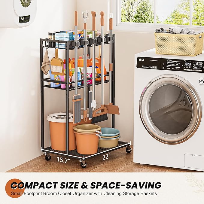 Broom Holder with Cleaning Supplies Organizer, Broom Closet Storage Cabinet with Mop Hanger Gripper Rack Hooks, Cleaning Housekeeping Janitorial Cart with Cleaning Caddy, Laundry Room Organization