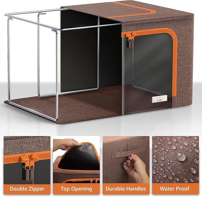 Sorbus Clothing Storage Bins with Clear Window, Metal Frame (6 Pack, Brown) | Oxford-fabric containers with carry handles stack neatly to organize bedding and linens in closets and laundry rooms.