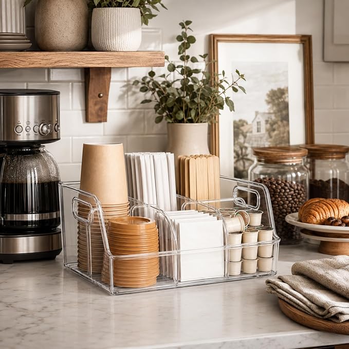 Coffee Station Organizer for Countertop, PET with Removable Dividers | Clear Plastic, Kitchen and Break Room Use, Coffee Caddy, Coffee Bar Accessories, Side Handles, Six Compartments, Easy View