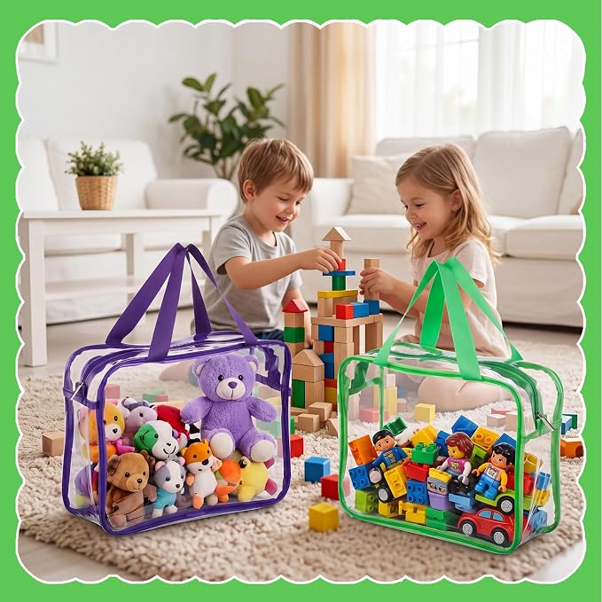 Toy Storage Bags 6 Pack, Clear PVC Toy Organizers, Colorful | Waterproof PVC, Large 30 x 10 x 22 CM Size, Label-Ready, For Toys, Books, Puzzles, Classroom and Travel
