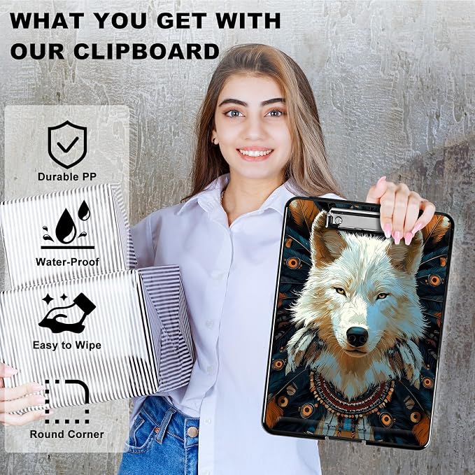 Heavy Duty Storage Clipboard, Slim Nursing Clipboard with Internal Pen Case, Portable File Organizer Case for A4 Letter Size Paper Office Medical Professionals, Feathers White Wolf