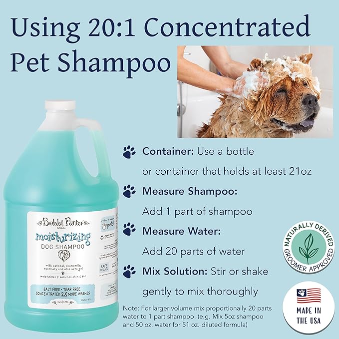 Bobbi Panter Oatmeal Dog Shampoo Aloe Vera, Chamomile & Rosemary – Moisturizing Natural Formula for Dry Skin, Tear-Free, 30:1 Concentrate, Made in USA, 1 Gallon