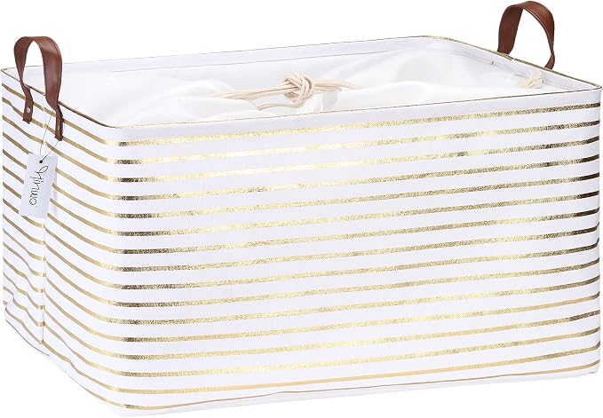 Hinwo 70L Extra Large Canvas Storage Bin with Lid and Handles | Collapsible Fabric Basket, Closet Shelf Organizer, Container for Clothing, Blankets, Toys, Bedding (Gold Stripe)