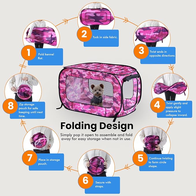 Portable Collapsible Pop Up Kennel, 40" L x 27" W x 27" H, Camo Pink | Collapsible indoor/outdoor travel cat and dog crate with mesh screen windows pops up and folds flat for easy storage