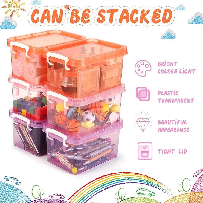 6 Pack Colorful Plastic Storage Bins with Lids 4 Quart Small Storage Latch Box Stackable and Nestable Clear Organizer Bins with Latching Handle and Buckle for Organizing(Sweet Color)