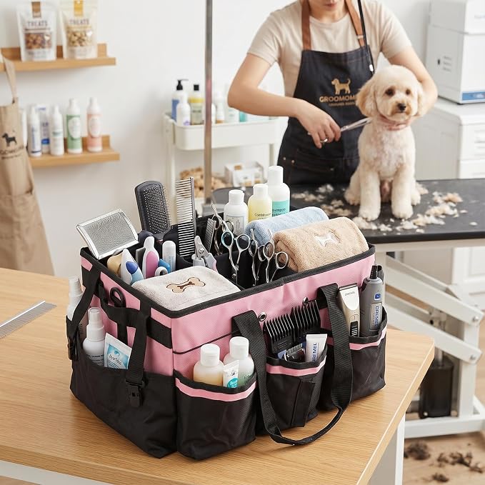 Portable Dog Grooming Bag 5 Compartments, Oxford Fabric Tote Bag for Dogs and Cats, Pet Storage Organizer for Grooming Tool Kit, Doggie Diaper Bag, Pet Stuff Oganizer with 8 Pockets