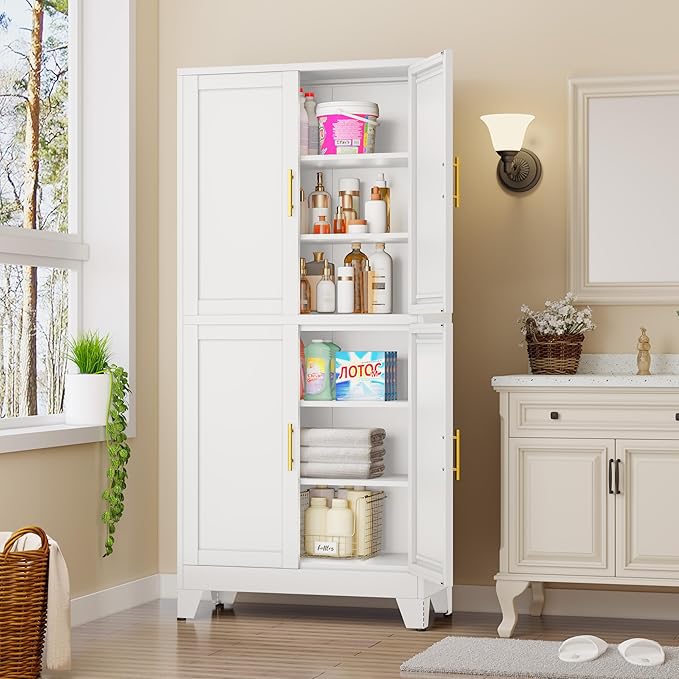 GAIOUS 75.2" Tall Metal Pantry Cabinet,White Kitchen Pantry Storage Cabinet | with 4 Doors and 4 Adjustable Shelves, Steel Storage Cabinets, Freestanding Cupboard for Kitchen Dining Living Room Bathroom