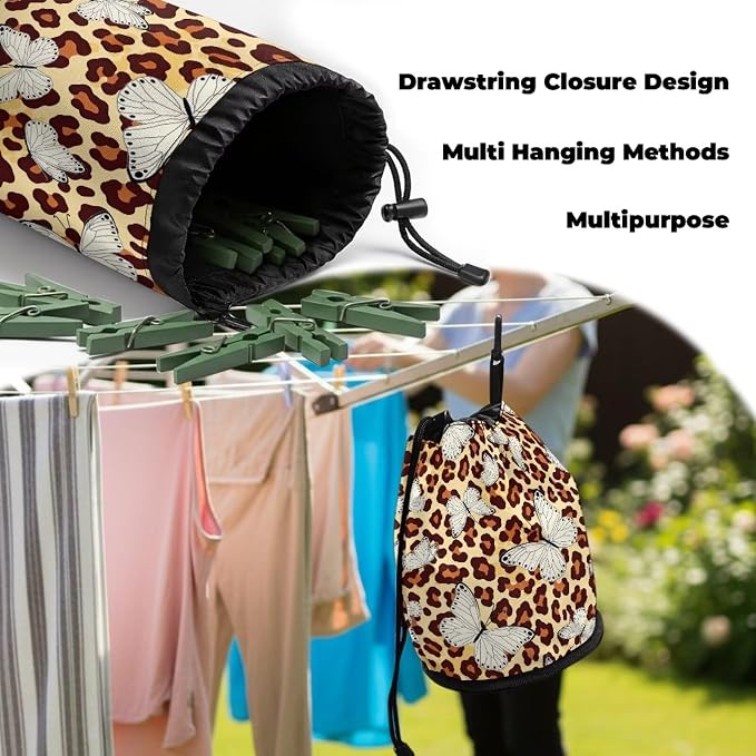 Drawstring Clothespin Organizer, Leopard Print Butterfly Portable Laundry Peg Bag with Hanging Grommet, Storage Pouch for Clips, Ideal for Drying Rack, Camping Gear, Home Use