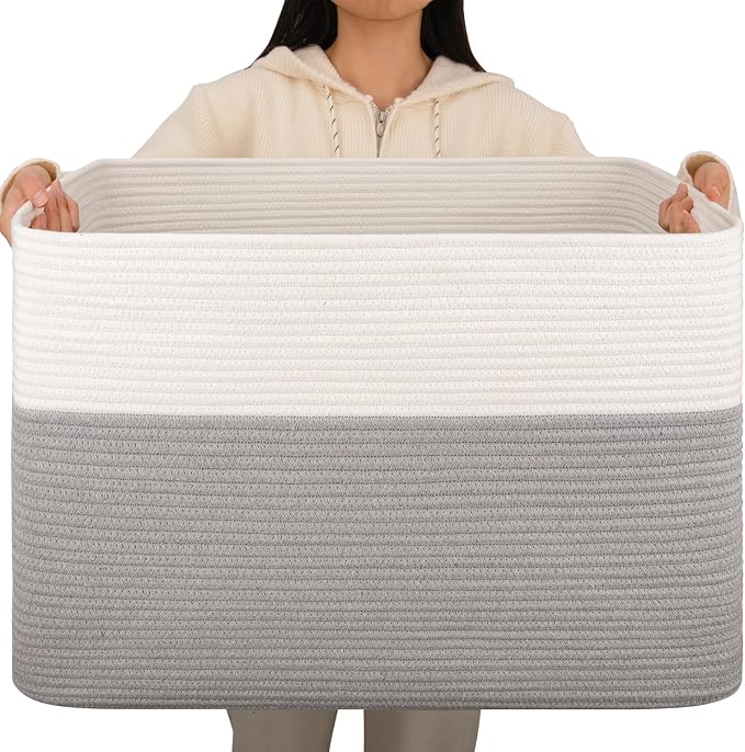 OIAHOMY 108L Extra Large Blanket Basket Dog Toy Basket Grey/White | Rectangle Woven Baskets for Storage Cotton Rope Basket For Living Room Toy Storage Blanket Storage Laundry Basket