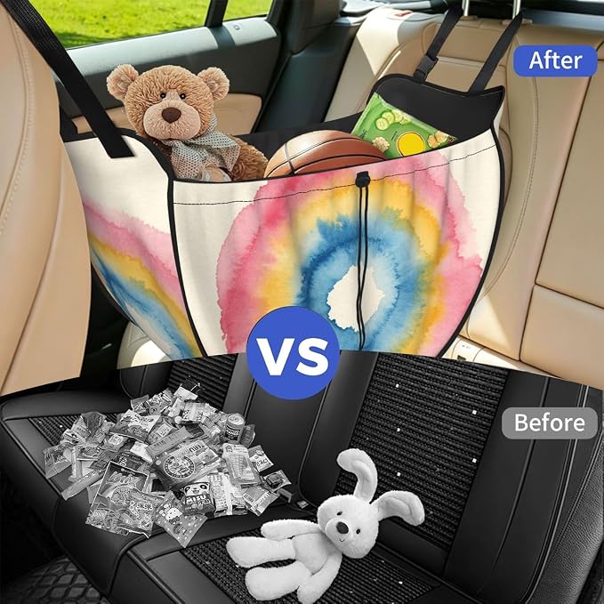 Color Circle Wash Car Seat Organizer-Backseat Storage Bag for Travel | Waterproof Durable. Holds Snacks Gear Essentials. Fits Most Cars.