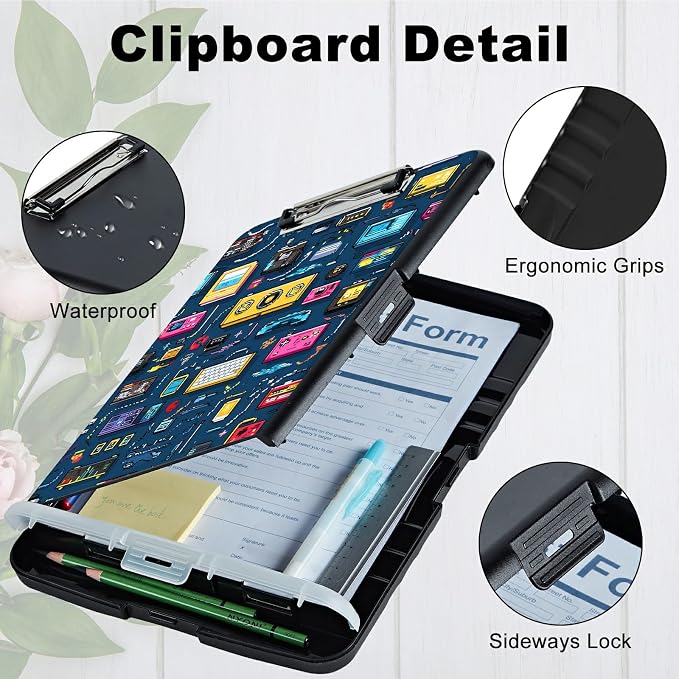 A4 Clipboard with Storage Pen Holder, Clipboards Organizer Nursing Clipboard Foldable File Folder Plastic Clipboard Folio Clip Board for Office Work Classroom Doctor, Retro Radio