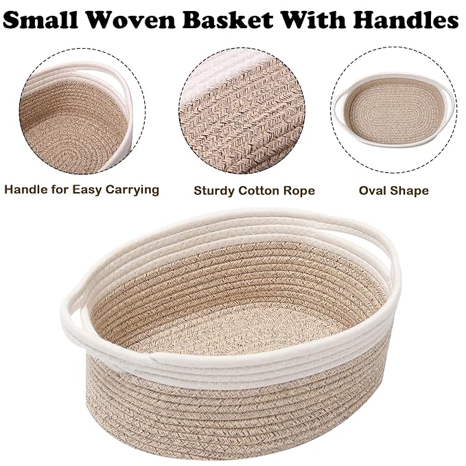 Woven Rope Basket - Baby Gift Basket with Bag & Ribbon, Mixed Brown | Cotton rope with handle, 12 x 8 x 5 in, gift bag and ribbon, for baby shower, birthday, toy storage, nursery, shelf decor