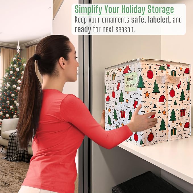 VENO 4 Pack Christmas Ornament Storage Box, Holiday Ornament Organizer with Adjustable Dividers, Sturdy Storage Containers for 64 Ornaments, Zippered Lid & Handles, 3" Cube (Jingle Mix)