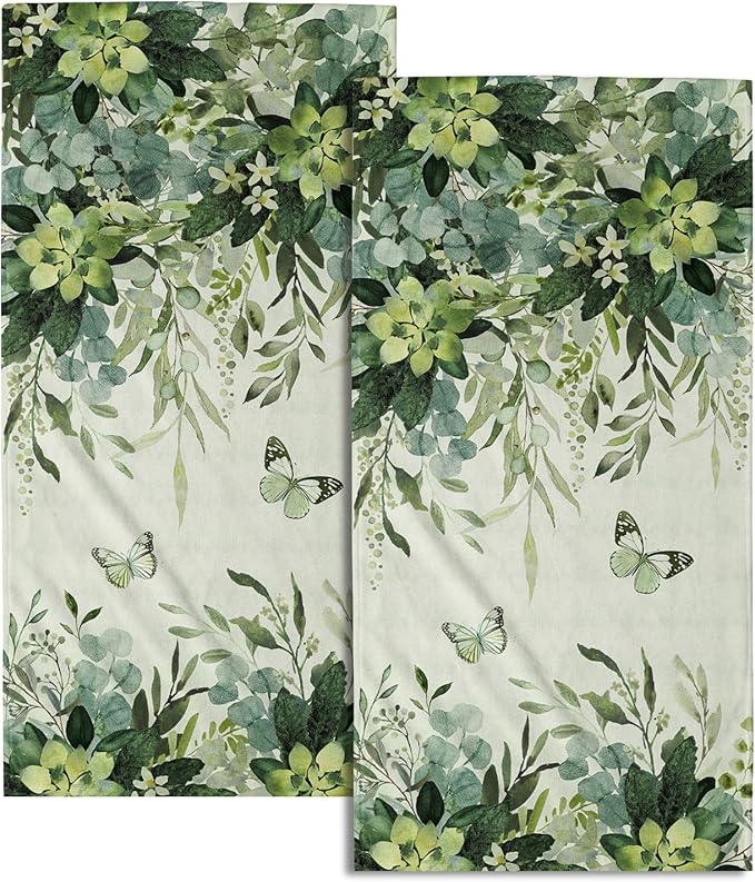 Giwawa Eucalyptus Leaves Hand Towels Set of 2 Green Plant Decorative Fingertip Towels Absorbent Dish Washcloth Towels for Guest Bath Kitchen Home