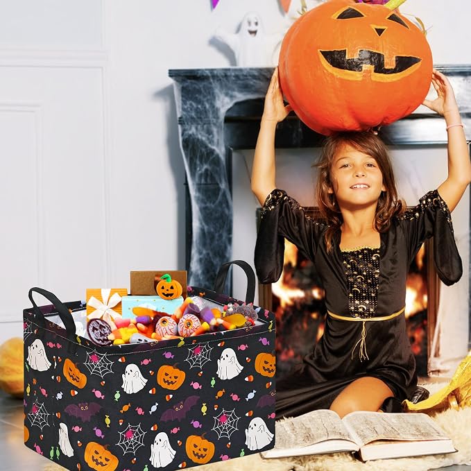 Kids Storage Basket with Halloween Print, 14.5" x 10.2" x 9.4", Waterproof | Foldable Organizer with Leather Handles;Ideal for Halloween Treats,Kids' Gifts,Laundry & Toy Storage;Spooky Holiday Decor