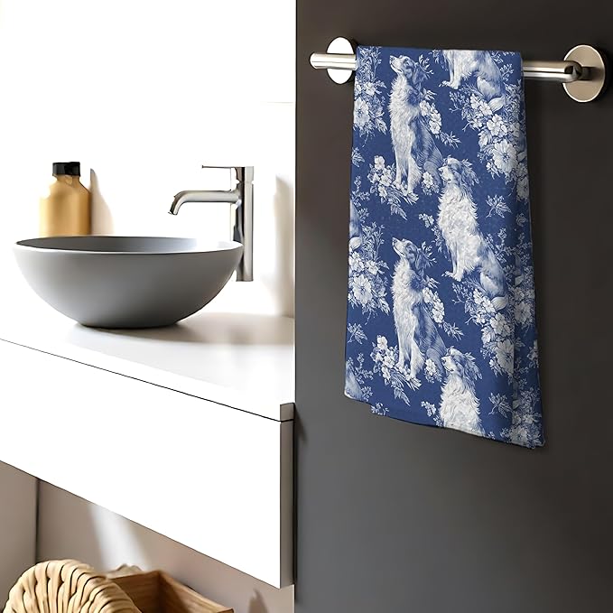 Chinoiserie Border Collie Kitchen Towels,Blue and White Floral Border Collie Decorative Dish Tea Towels,Grandmillennial Dog Hand Towels for Kitchen Bathroom, Border Collie Gifts,16x24 Inch