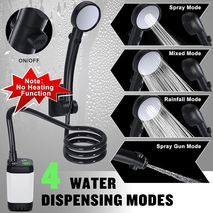 Portable Shower for Camping, [Long-Lasting] 6000mAh Rechargeable | Camping Shower with Intelligent LED Display, 4 Spray Modes, IPX7 Waterproof Outdoor Camp Pump for Hiking, Travel, Car, Pet