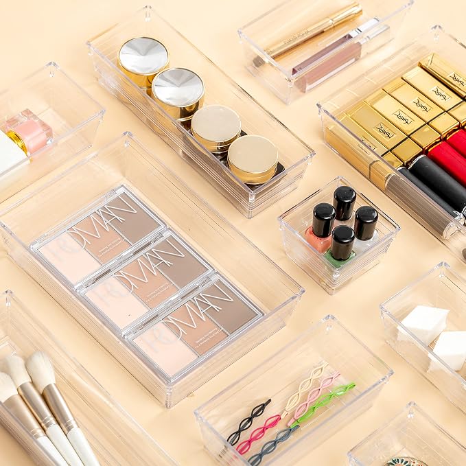 DCA 25 PCS Clear Plastic Drawer Organizer Trays, Storage Bins | Makeup, Kitchen & Jewelry | Multi-size Bathroom Bins | Office | Versatile Organization Solution | Easy to Clean