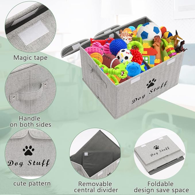 Large Storage Boxes - Large Linen Fabric Foldable Storage Cubes Bin Box Containers with Lid and Handles for Dog Apparel & Accessories, Dog Toys, (Striped Gray)