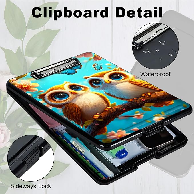 Owl Blue A4 Clipboard with Storage Pen Holder, Clipboards Organizer Nursing Clipboard Foldable File Folder Plastic Clipboard Folio Clip Board for Office Students Classroom Doctor