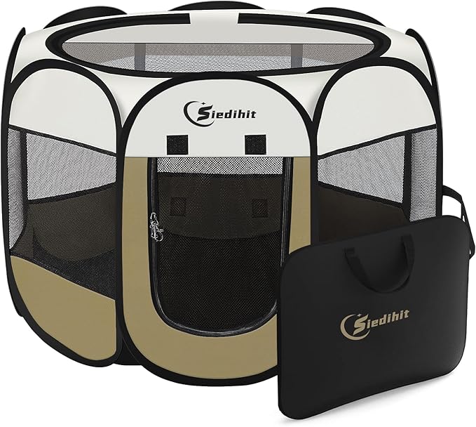 Siedihit Dog Cat Playpen, Small Puppy Pet Playpen, Dog Crate Tent Cage | Indoor/Outdoor, Portable Pop Up Dogs Kennel Playpen with Carrying Case for Dogs/Cats/Rabbits(Khaki, Small )
