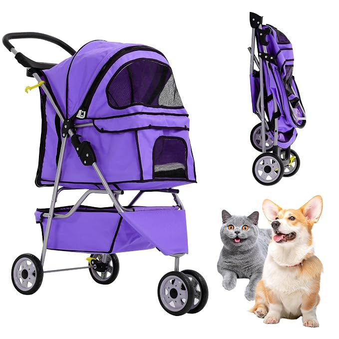 Dog Stroller with Storage Basket,3 Wheels Pet Stroller,Breathable Compact Portable Folding Carrier for Travel,Camping,Dog Carrier for Small Medium Dogs Or Cats,Lightweight Waterproof Pet Stroller