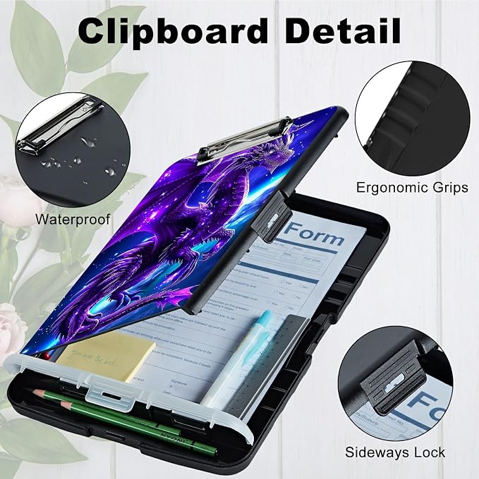 Purple Planet Dragon A4 Clipboard with Storage Pen Holder, Clipboards Organizer Nursing Clipboard Foldable File Folder Plastic Clipboard Folio Clip Board for Office Students Classroom
