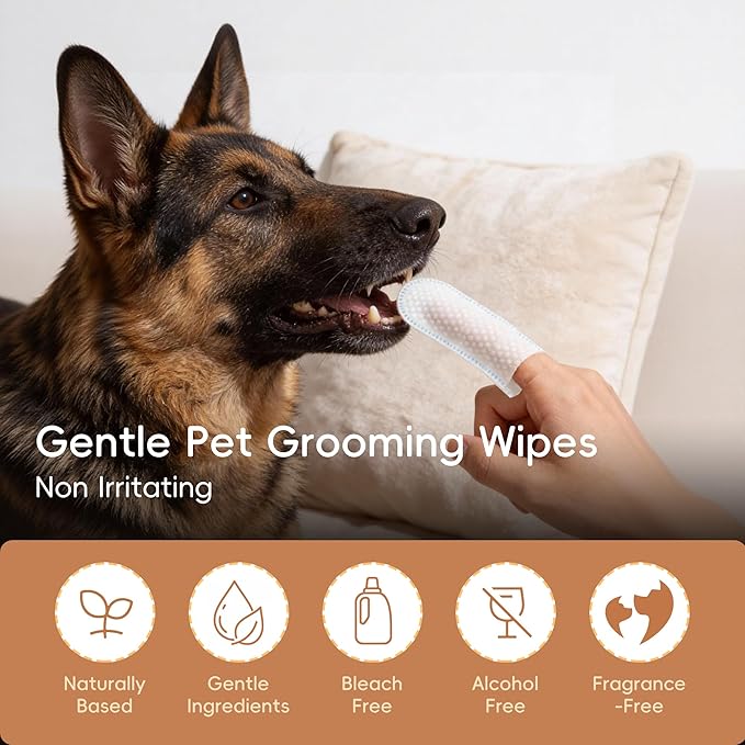 Dog Teeth Cleaning Wipes, 60 Pcs Pet Dental Cleaning Finger Wipes Tooth Brushing Kit for Dogs Cats Plaque Tartar Remove, Dog Healthy Mouth Toothbrush Finger Wipe for Pets Oral Care, Coconut Oil