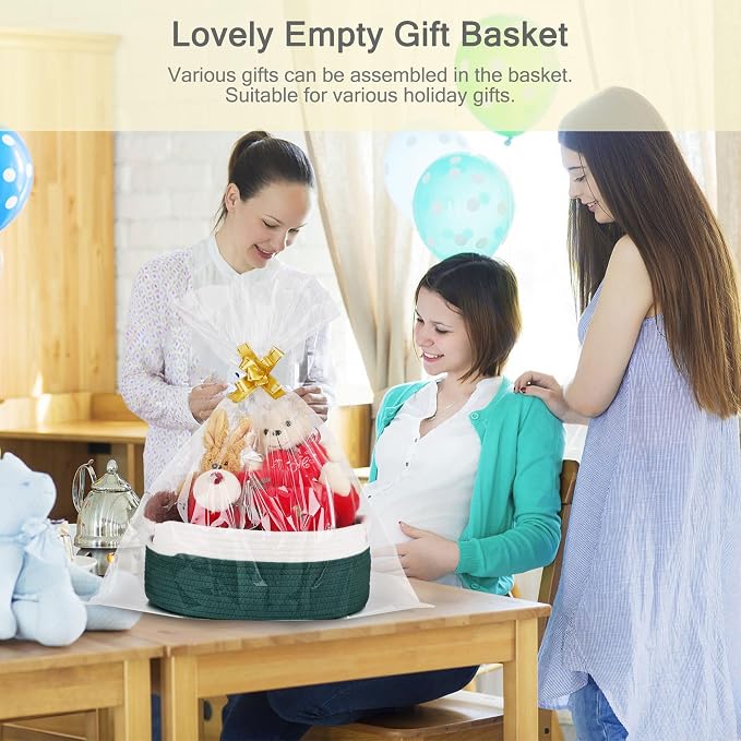 Small Woven Gift Basket with Bag & Ribbons, Dark Green | Cotton Rope, 13”x 9”x 5.5”, Fits for Kids, Women & Men, Bedroom, Living Room, Nursery & Bathroom Storage, Cat & Dog Toy Boxes